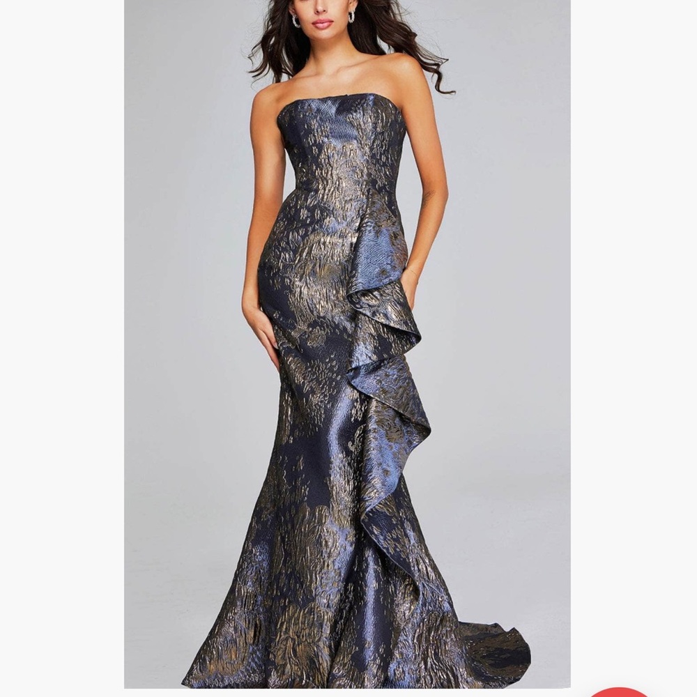 JOVANI Ruffled Accent Mermaid Evening Gown Gray and Gold with custom bolero - Picture 4 of 14